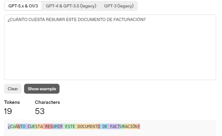 El tokenizador de OpenAI con la pregunta en mayúsculas: 19 tokens, 53 caracteres.