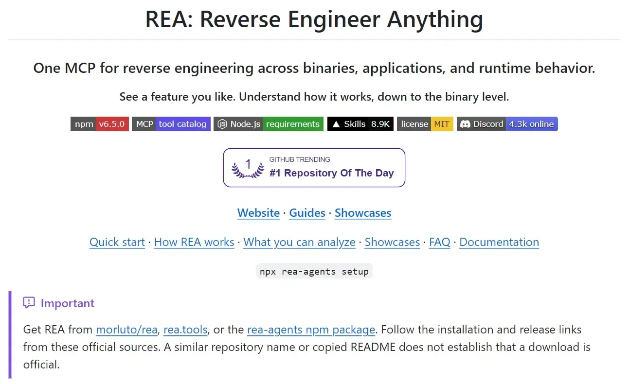 La página de REA en GitHub, con el aviso de sus fuentes oficiales.