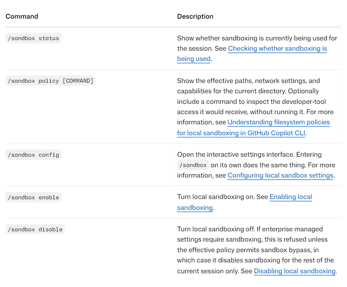 La tabla de comandos del aislamiento en la documentación de GitHub.