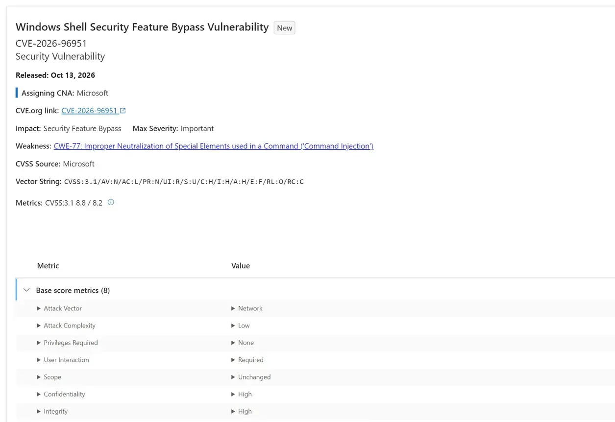 El aviso de Microsoft sobre la falla CVE-2026-96951, con su gravedad.