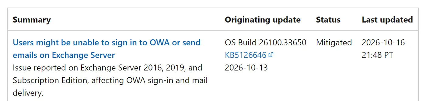 El problema en la página de estado de Windows Server 2025.